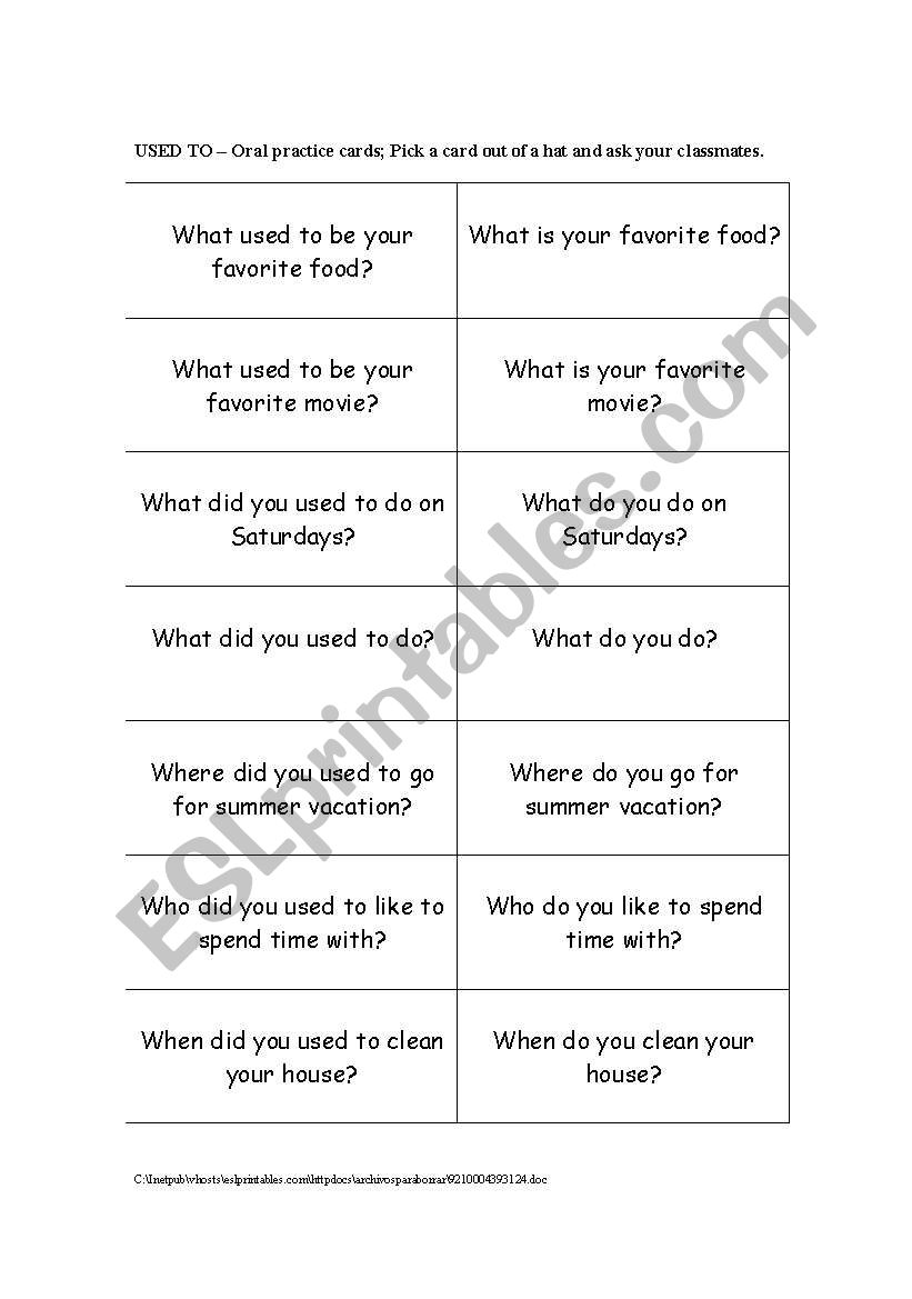 Used to game. Used to speaking questions. Used to would speaking activities. Used to questions. Be used to get used to questions.